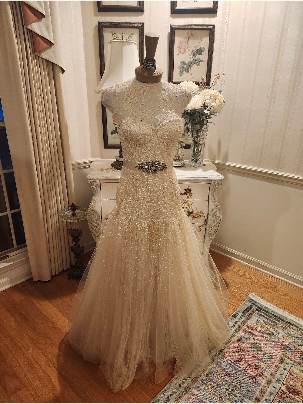 Mac Duggal Couture Beaded Mermaid Gown Champagne Crystal Prom Dress Size 6
